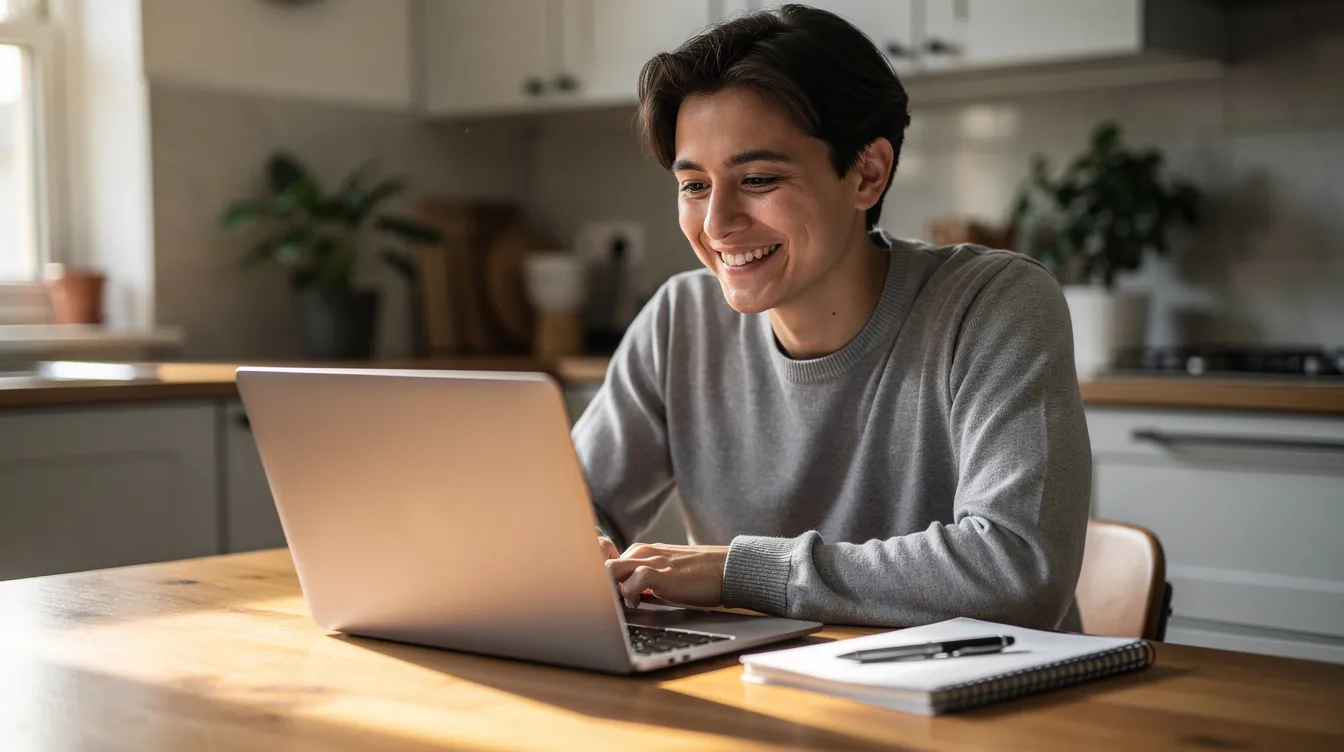 A person is smiling while looking at their laptop screen in a cozy kitchen, with a notepad beside them, suggesting they might be using AI writing tools or planning to create online courses. This scene captures the essence of leveraging AI technology for content creation and potential income generation.