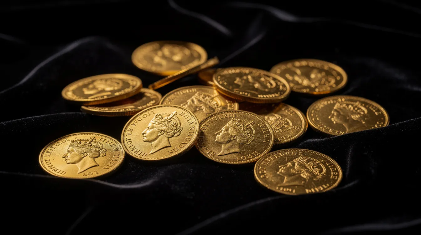 A collection of gold sovereign coins is beautifully arranged on dark velvet fabric, showcasing their intricate designs and reflecting their value as precious metals. This display highlights the allure of gold coins for collectors and investors looking to sell gold or buy gold bullion.
