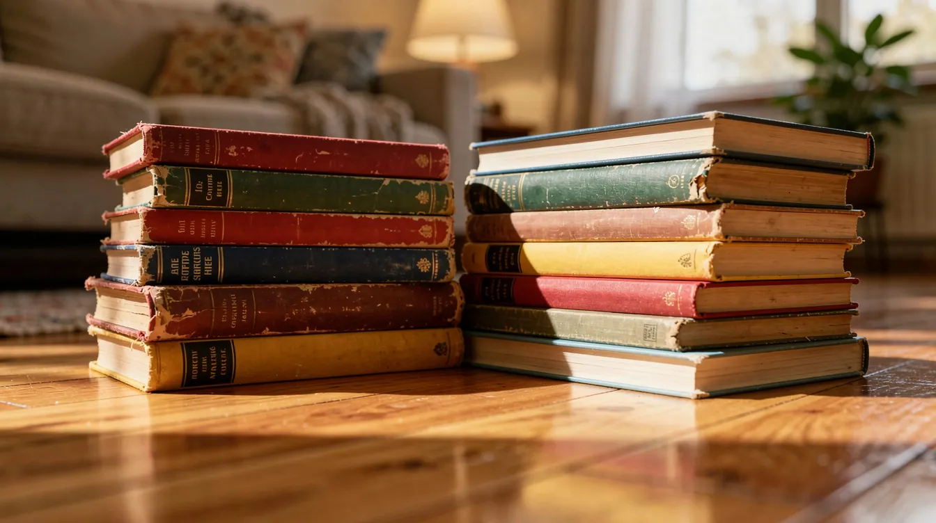 A vibrant stack of used books, including graphic novels and kids' books, is neatly arranged in piles on a wooden living room floor, showcasing a diverse book collection perfect for anyone interested in selling books online or donating to a local charity shop. The colorful spines hint at the stories within, inviting readers to explore the world of books.