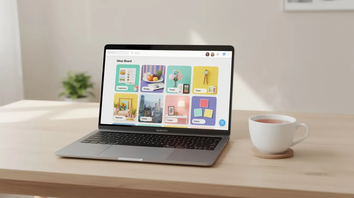 The image showcases a tidy workspace featuring an open laptop displaying a colorful grid of pinned images, ideal for a Pinterest business account. Next to the laptop, a cup of tea sits, creating a cozy atmosphere for creating content and driving traffic on the visual search engine.