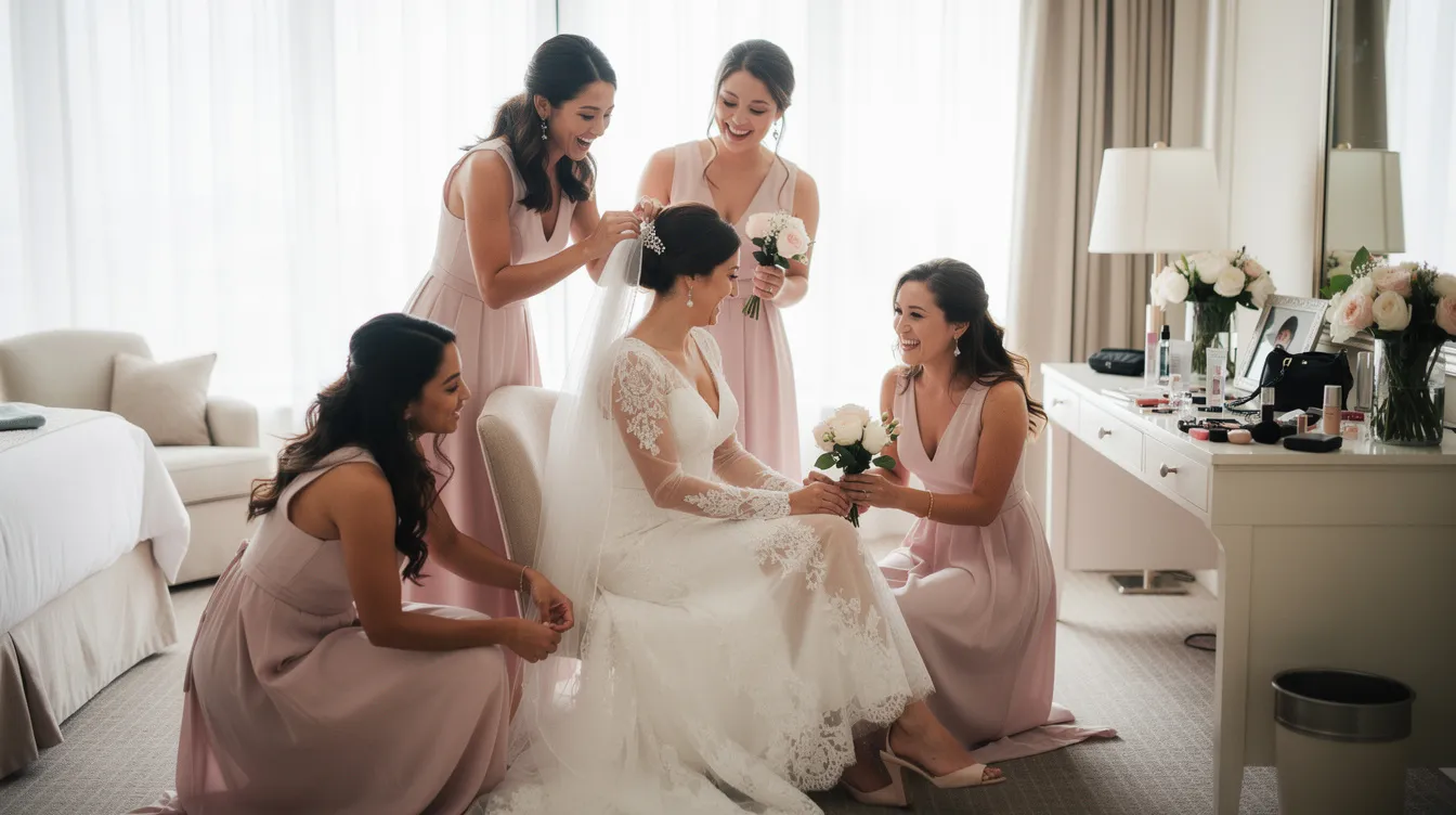A bride is surrounded by her friends in a bright bridal room, joyfully preparing for her wedding day while trying on vintage clothing and accessories. The atmosphere is filled with love and excitement as they admire a selection of pre-loved wedding dresses available through the Oxfam online shop.