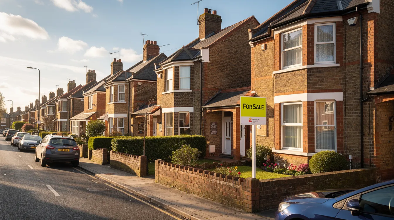 A sunny residential street in the UK features well-maintained brick semi-detached houses, with a prominent "for sale" sign in one front garden, indicating a potential quick house sale for interested property buyers. The scene suggests a welcoming neighborhood with local amenities nearby, perfect for those looking to sell their house fast.