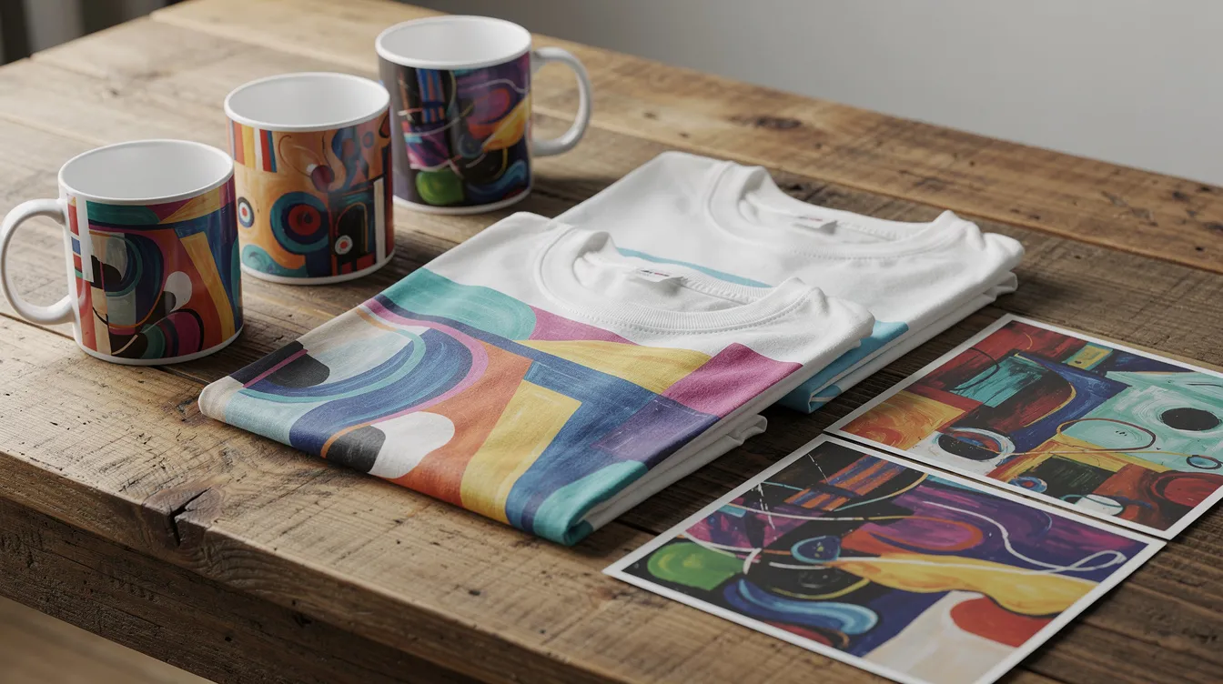 The image features a vibrant display of colourful mugs, t-shirts, and posters adorned with abstract art designs, all artistically arranged on a wooden table. This visually appealing setup showcases the potential of AI-generated art, perfect for small business owners looking to create unique digital products and leverage AI tools for content creation.