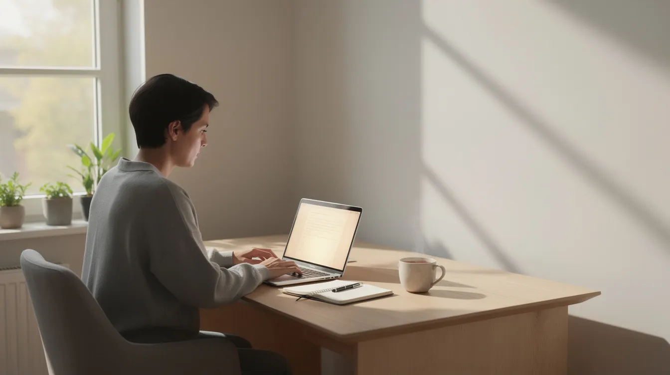 A person is seated at a home desk, working on a laptop, with a notebook and a cup of tea beside them in a bright room illuminated by natural light from a nearby window. This scene reflects a productive environment where one might utilize AI tools for tasks like content creation and data analysis, potentially leading to passive income opportunities.