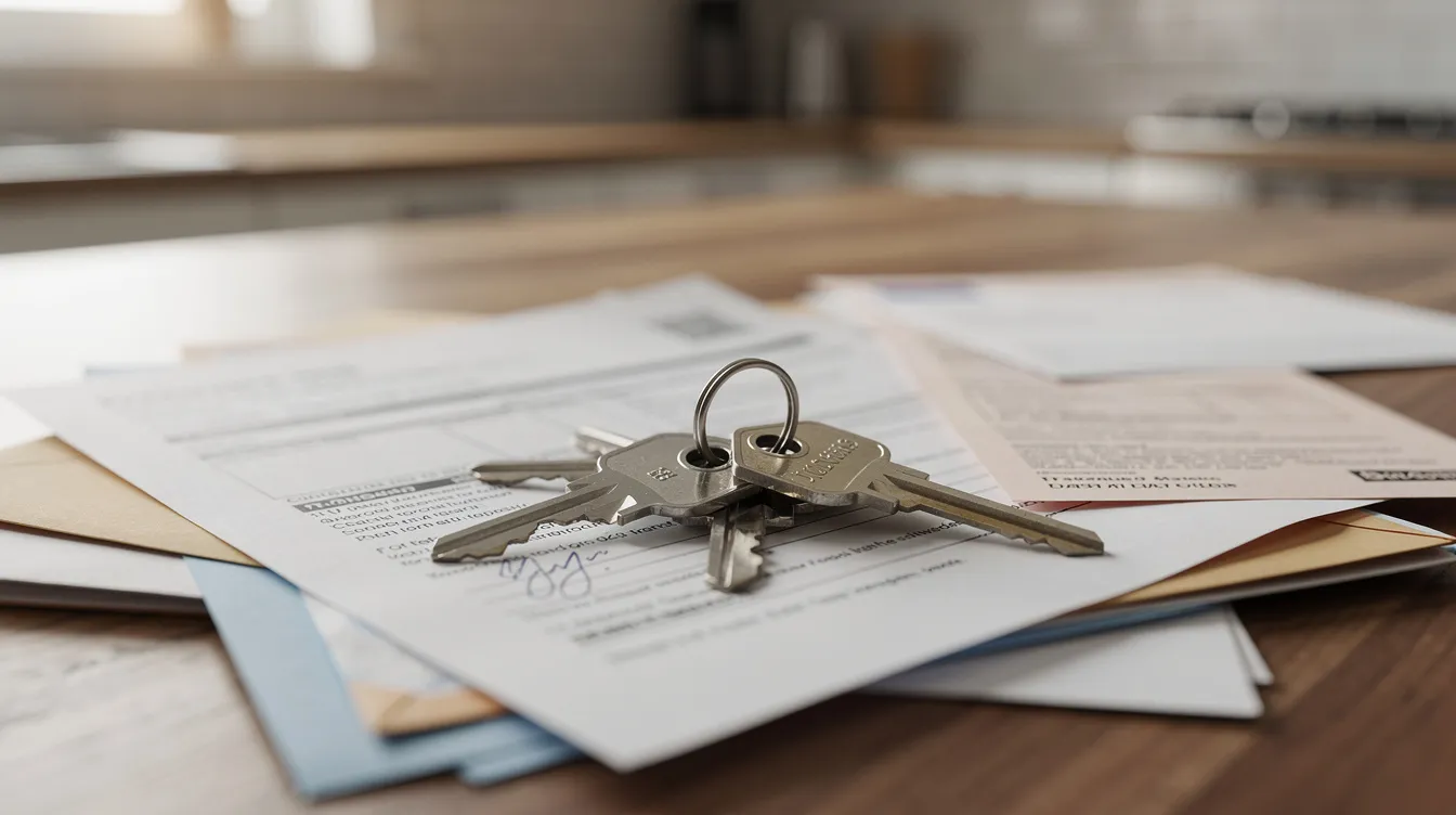 A set of house keys lies on a stack of paperwork and documents on a wooden kitchen table, symbolizing the process of selling your house fast. This scene captures the essence of preparing for a quick house sale, with essential paperwork ready for potential buyers and cash offers.