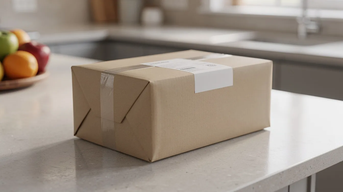 A neatly wrapped parcel of books, secured with brown paper and tape, rests on a kitchen counter, symbolizing a great idea for selling books online or donating to a local charity shop. The collection may include valuable titles like graphic novels and kids' books, perfect for those looking to rid their space of too many books.