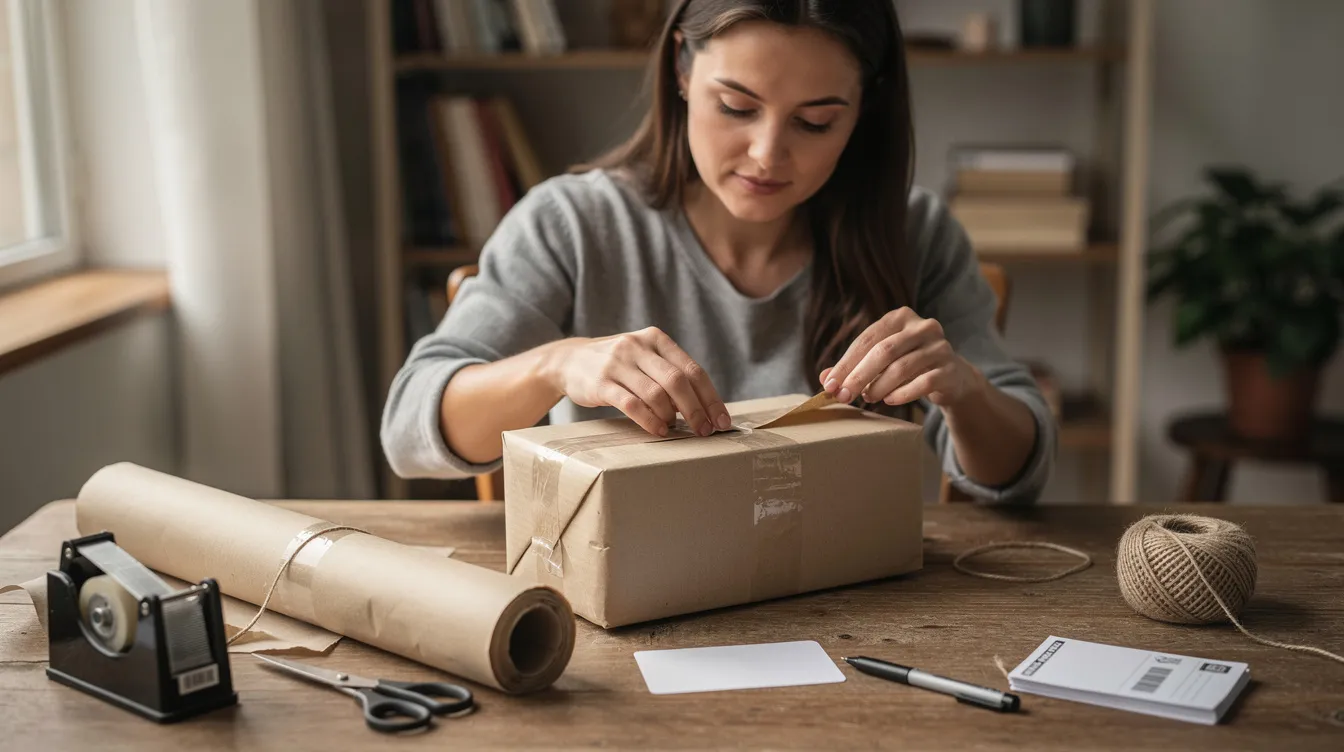 A woman is seated at a table, carefully wrapping a parcel in brown paper and securing it with tape, preparing it for posting. This scene captures the essence of second-hand selling, as she gets ready to send off pre-loved items to fellow members of a diverse community.