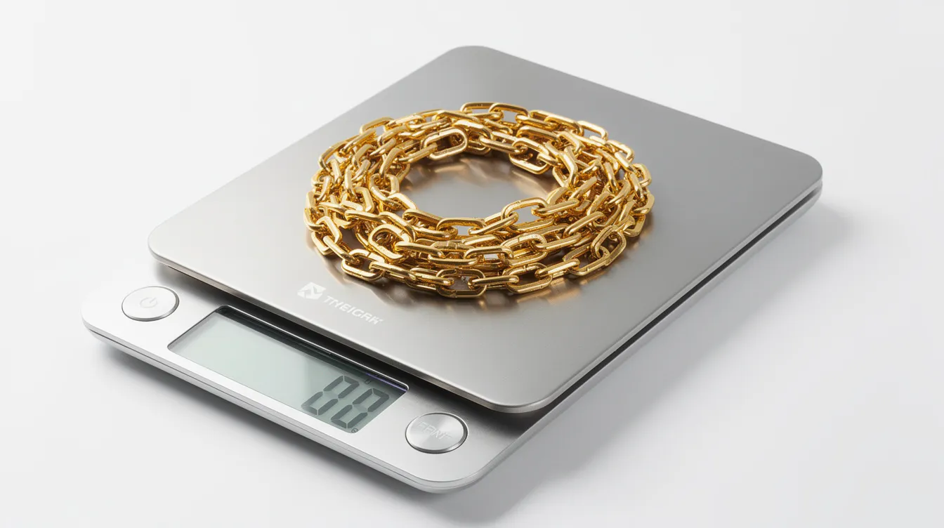 A small digital kitchen scale sits on a countertop, with several gold chains placed on top, highlighting the value of gold jewellery. This image reflects the importance of weighing gold items accurately for those looking to sell gold or assess their precious metals' worth.