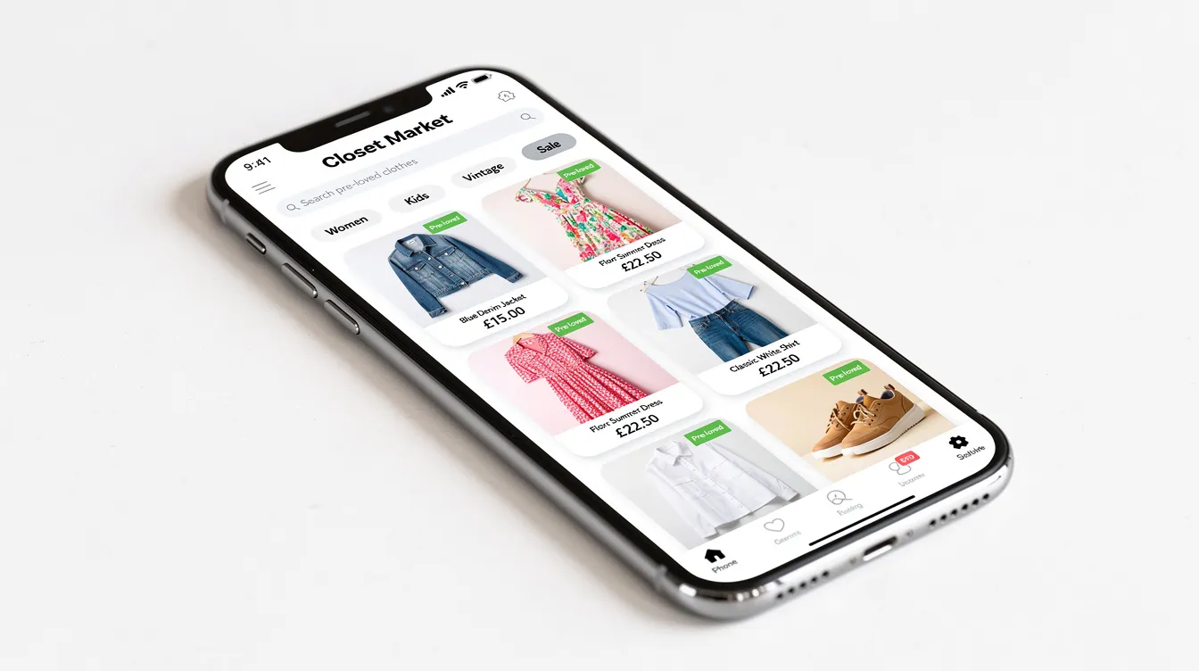 The image features a smartphone displaying a well-organized clothing listing app, showcasing a grid of colorful garments available for sale. This platform simplifies the process of selling unwanted clothes online, helping buyers find quality second-hand items effortlessly.