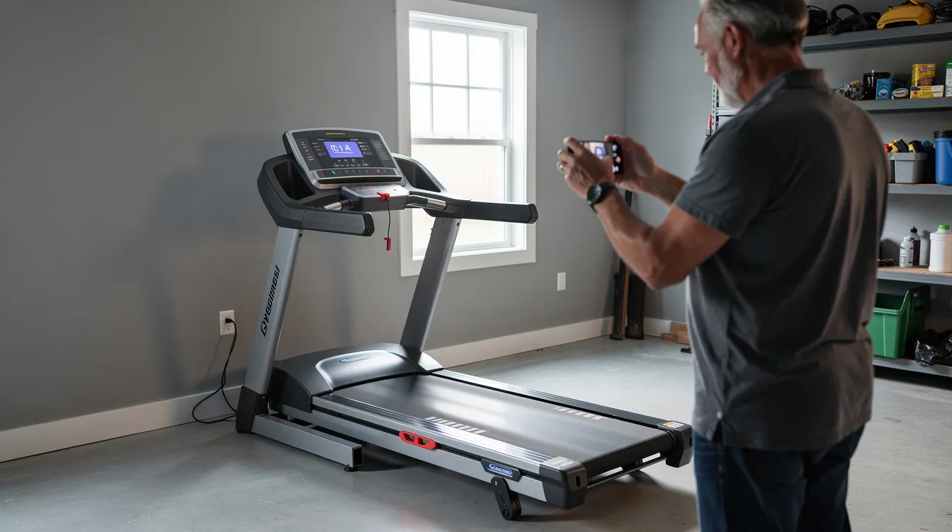 A man is taking a photo of a running machine he intends to sell on Facebook Marketplace, aiming to create a detailed marketplace listing that attracts potential buyers. He is capturing multiple angles to ensure a positive selling experience and gain visibility among local customers.