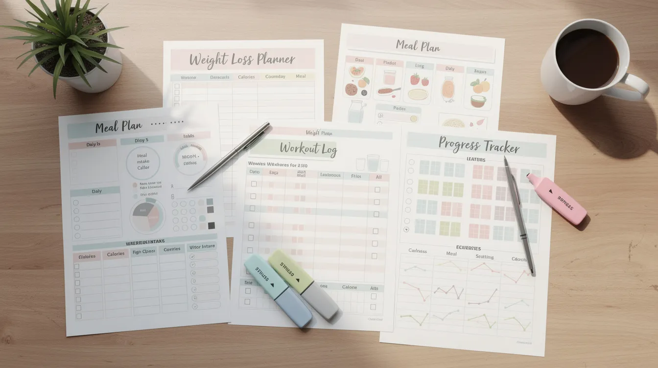 The image features weight loss planner sheets neatly arranged on a desk, showcasing editable templates that can be created using Canva. These planner sheets are ideal for digital downloads and can be sold through an Etsy shop, appealing to small business owners and digital creators.