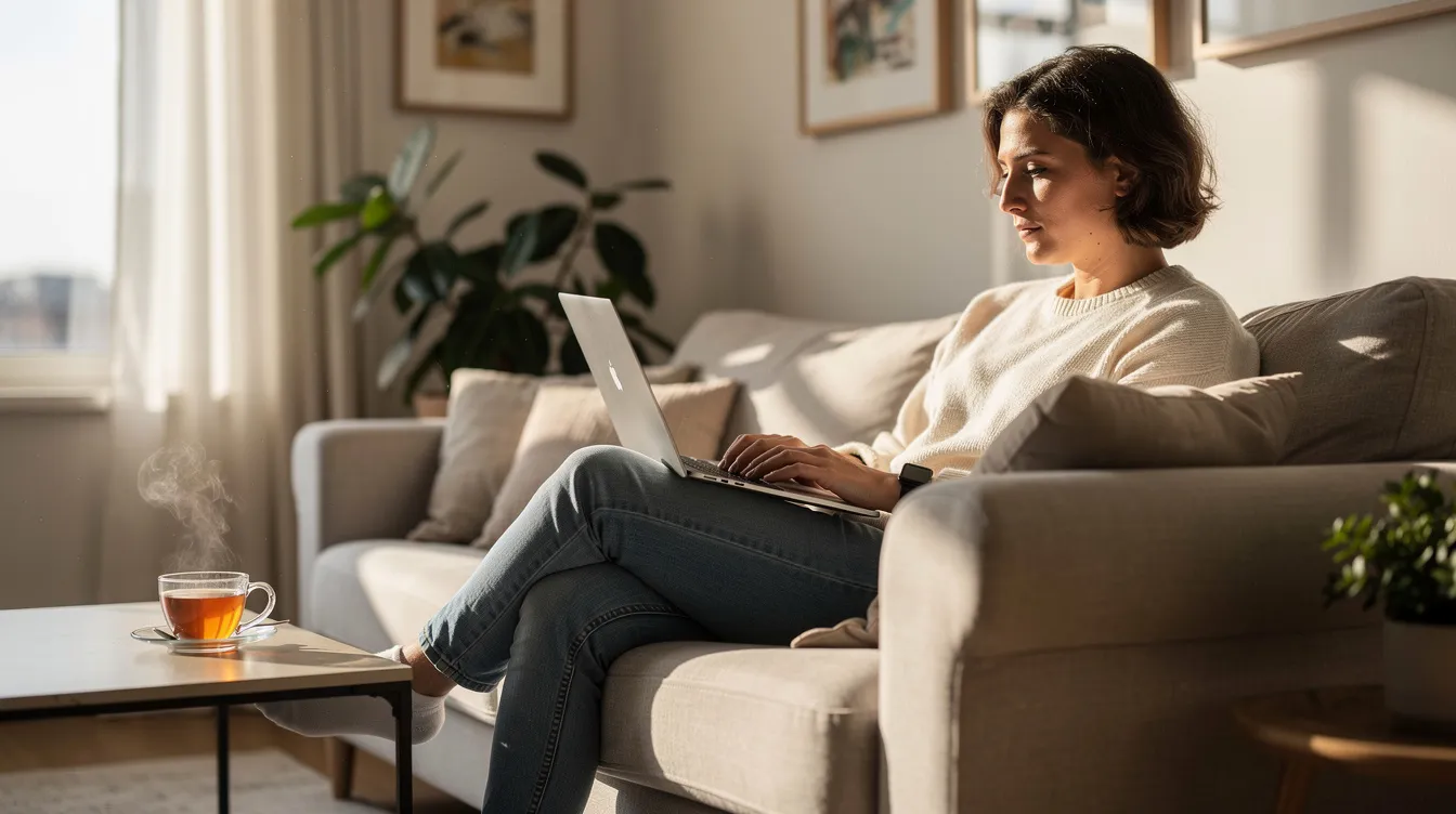 A person is sitting comfortably in a well-lit living room, focused on their laptop while sipping tea from a nearby cup. The scene suggests a relaxed atmosphere, perfect for planning to buy or sell concert tickets, with ample natural daylight enhancing the cozy environment.