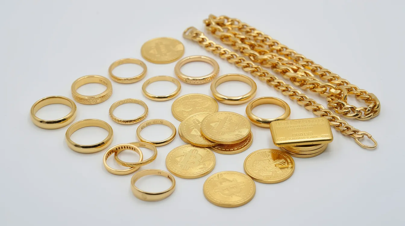 The image displays an assortment of gold items including rings, chains, coins, and a small gold bar arranged neatly on a plain white table, highlighting the allure of gold jewellery and bullion. This collection represents various forms of gold, perfect for those looking to sell gold or assess their precious metals portfolio.
