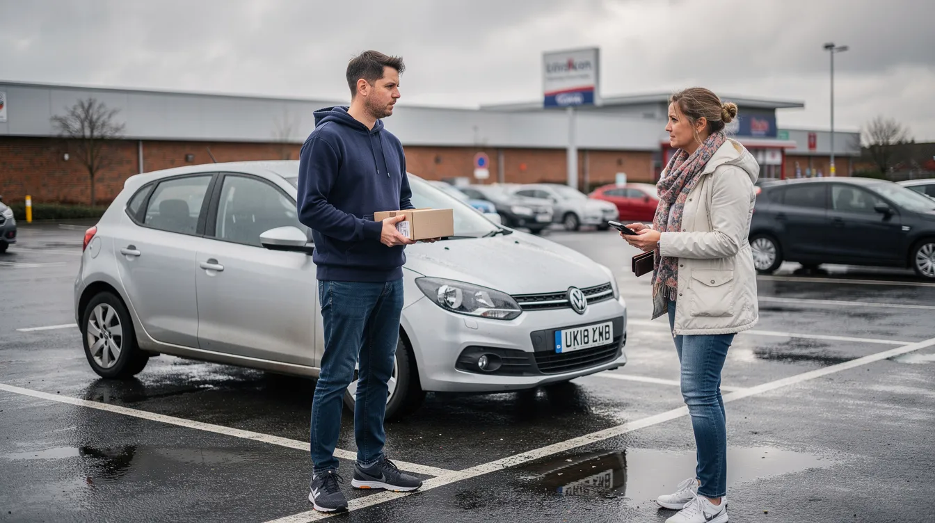 Two people are meeting in a UK car park to exchange an item for sale, likely arranged through a Facebook Marketplace listing. The scene captures the essence of local pickup, emphasizing the personal connection often found in transactions with friends or family members.