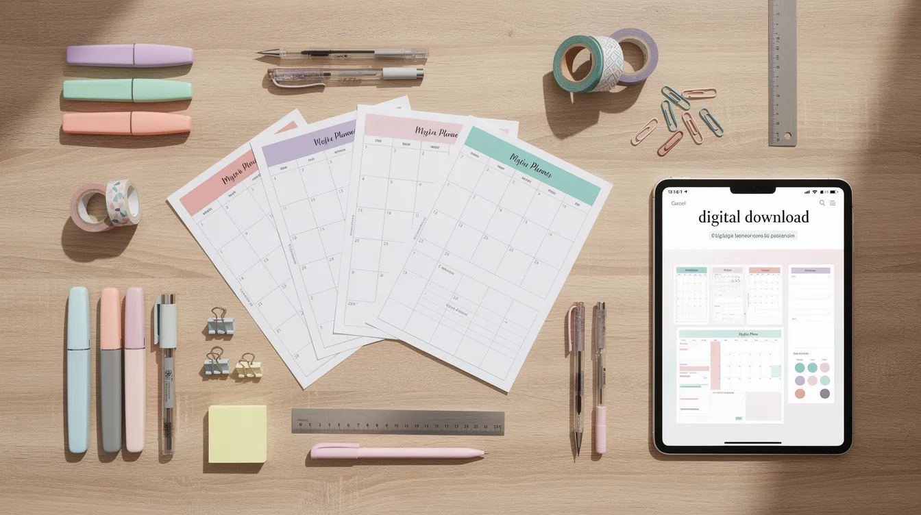 The image depicts a neatly organized desk featuring printed planners, vibrant stationery, and a tablet displaying a preview of a digital download. This setup reflects a creative workspace ideal for those looking to create content and drive traffic through a Pinterest business account.