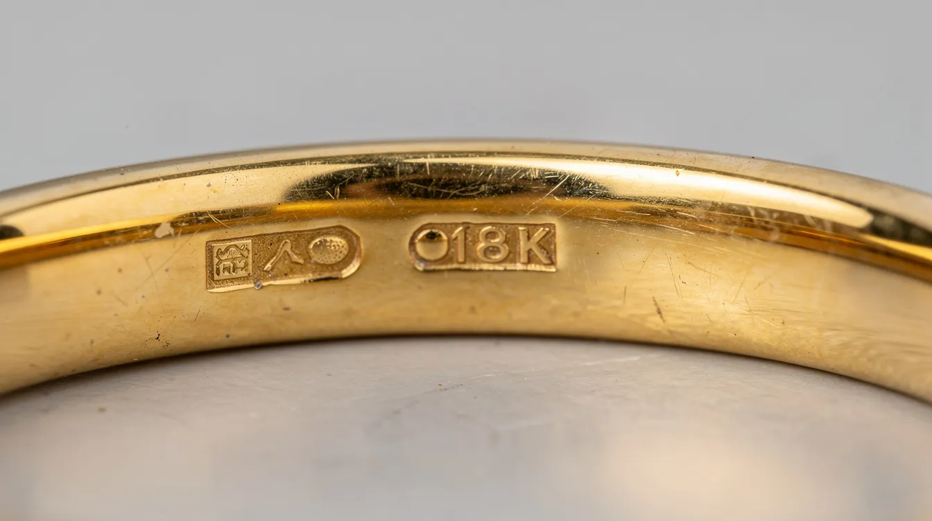 The close-up photo reveals the intricate details of the inside of a gold ring, showcasing hallmark stamps that indicate the ring's authenticity and gold's purity. This image emphasizes the importance of understanding gold jewellery for those looking to sell gold or assess the value of their precious metals.