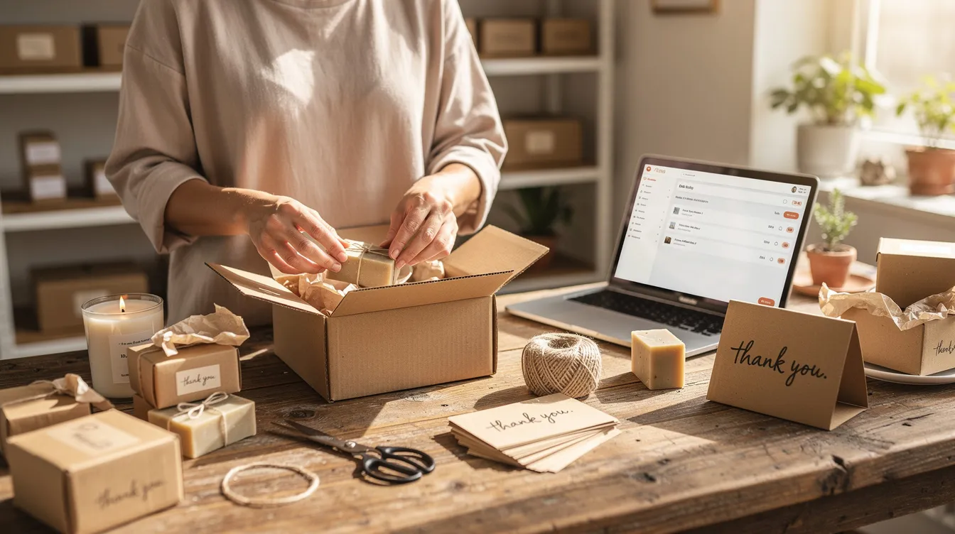 A small business owner is focused on packing handmade products at a rustic wooden desk, surrounded by various crafting materials and tools. This scene captures the essence of entrepreneurship and the dedication required to build a successful online store, potentially leveraging platforms like Facebook for content monetization and audience engagement.