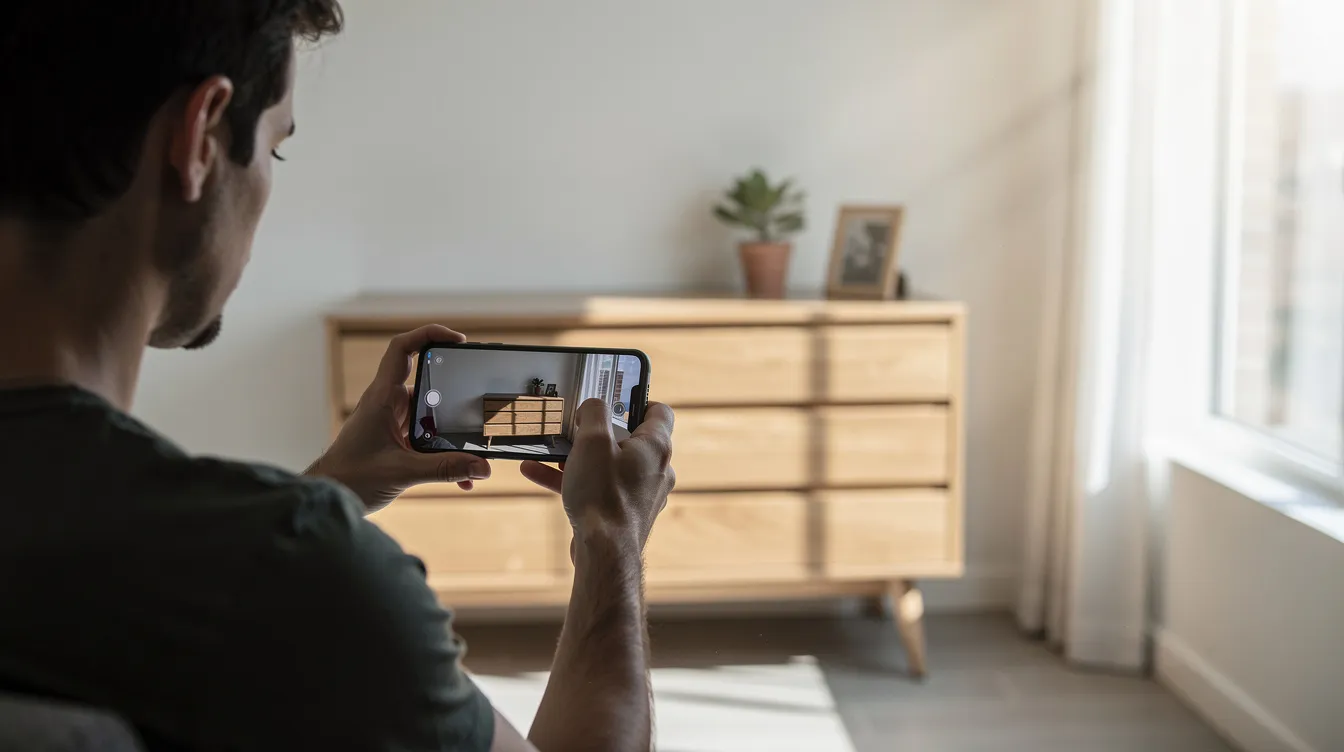A person is taking a photo of a wooden chest of drawers with their smartphone, positioned near a bright window that illuminates the piece. This image could be useful for creating a marketplace listing on Facebook, showcasing the item to potential buyers.