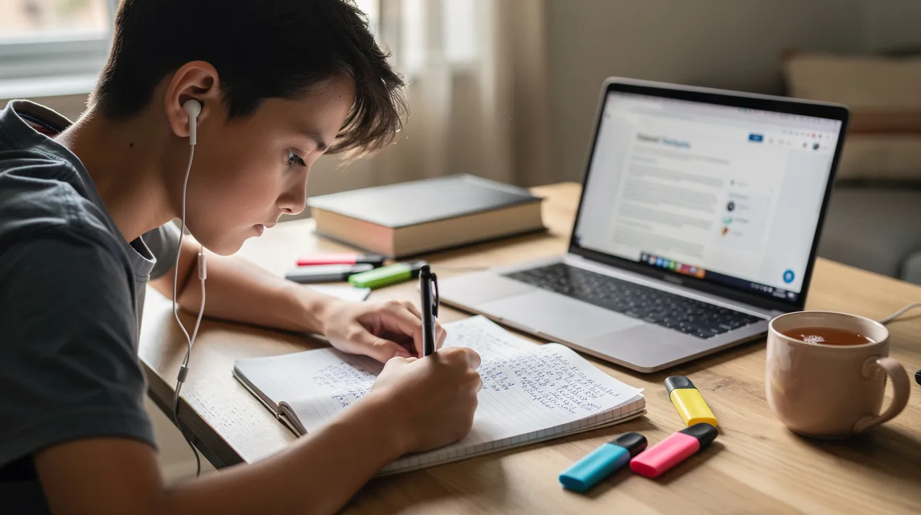 A teenager is focused on writing notes in a notebook, with a laptop open nearby, possibly researching ways to earn money online or managing their finances. This scene highlights the importance of money management skills and exploring online jobs for extra cash.