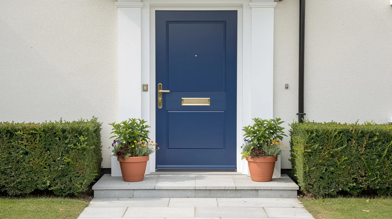The image features a freshly painted blue front door framed by potted plants on either side, with a clean doorstep and a neatly trimmed hedge lining the path, enhancing the property's kerb appeal for potential buyers. This well-maintained entrance suggests a welcoming atmosphere, ideal for those looking to sell their house fast or attract cash buyers.