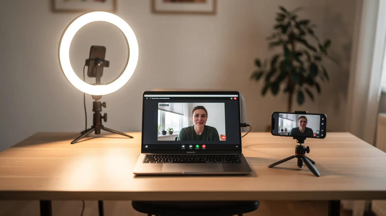 The image shows a simple home video recording setup featuring a ring light, a laptop, and a smartphone placed on a desk, ideal for creating online courses or YouTube videos. This arrangement utilizes AI tools for content creation, enabling users to leverage technology for generating income through digital platforms.