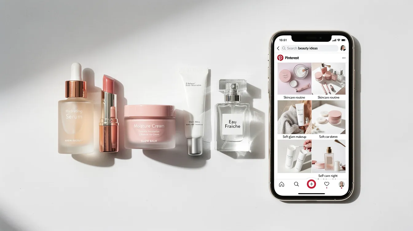 The image features a flat lay of various beauty products arranged neatly alongside a smartphone displaying a Pinterest feed filled with quality pins and idea pins. This setup highlights the potential for users to create content that drives traffic and boosts sales through a Pinterest business account.