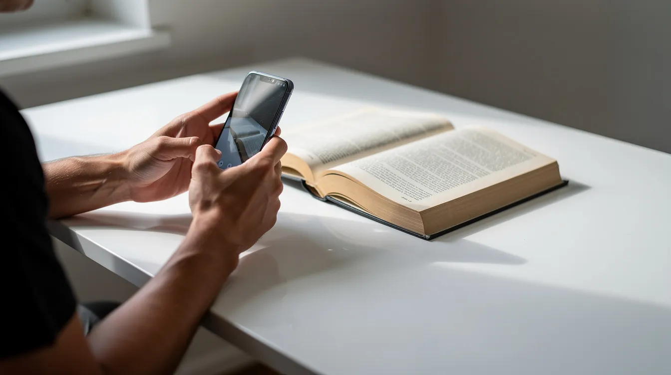 A person is using their phone to photograph a hardback book placed on a clean white desk, likely preparing to sell the book online or share it on a selling platform. The image captures the essence of the world of books, where individuals can buy, sell, and donate titles, including collectible and valuable books.