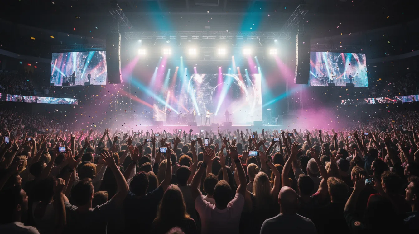 A large crowd of enthusiastic fans fills an indoor arena, enjoying a live concert illuminated by vibrant stage lighting. The atmosphere is electric as attendees experience the best live shows, with various concert tickets available for purchase, whether at face value or through resale platforms like StubHub.