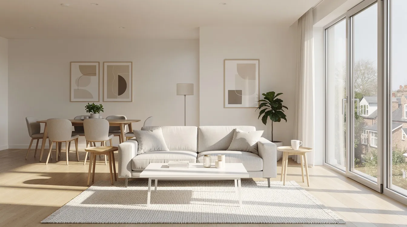 The image depicts a bright and tidy open plan living room featuring large windows that flood the space with natural sunlight, complemented by minimal neutral furniture. This inviting atmosphere is ideal for potential buyers looking to sell their house fast or achieve a quick house sale without hassle.