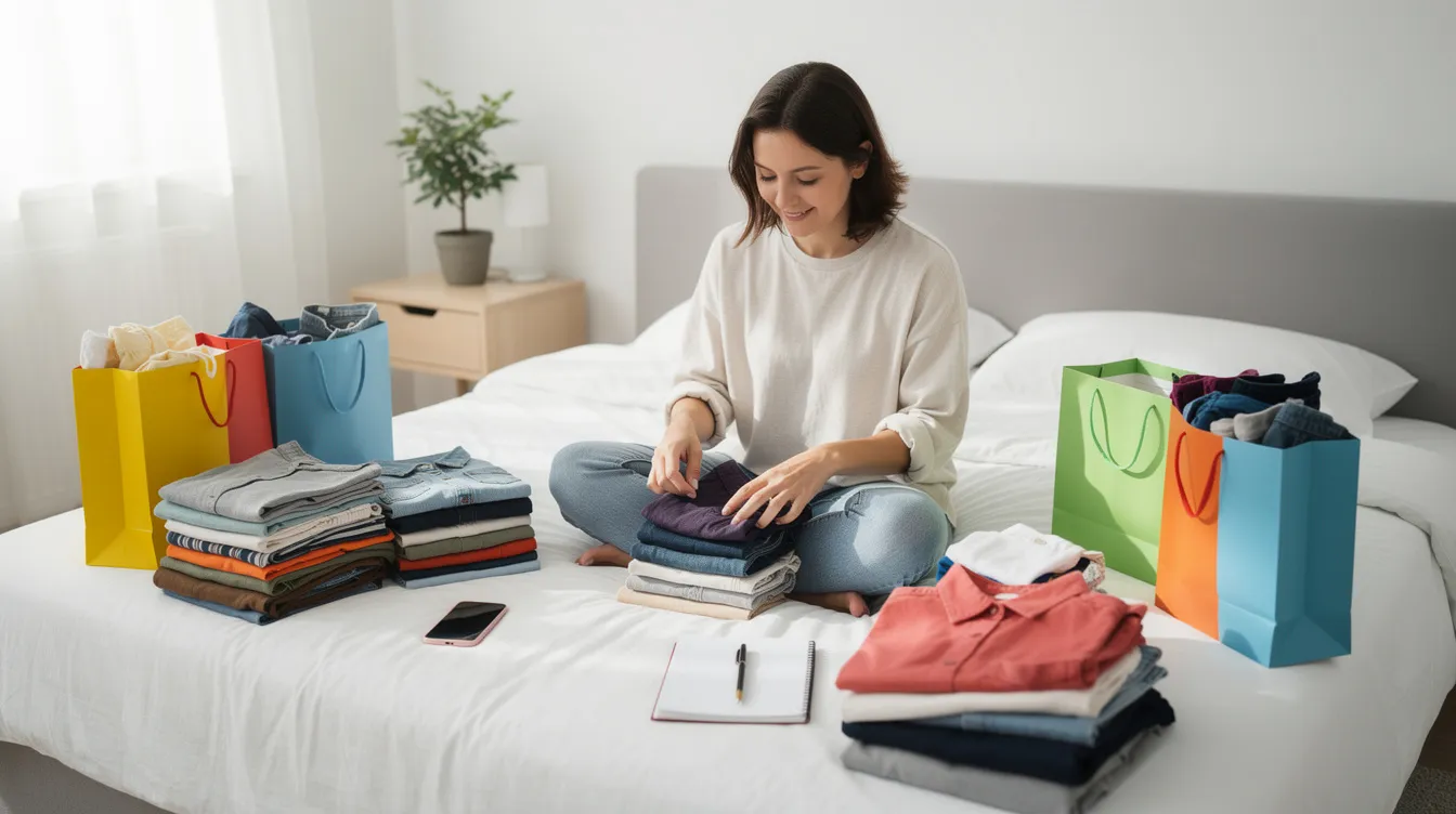 A person sits on a bed surrounded by neatly folded clothes and shopping bags, diligently sorting through pre-loved items to sell on their Vinted account. This scene captures the essence of second-hand discoveries, as they prepare to share their pre-loved stuff with fellow members of the diverse community.
