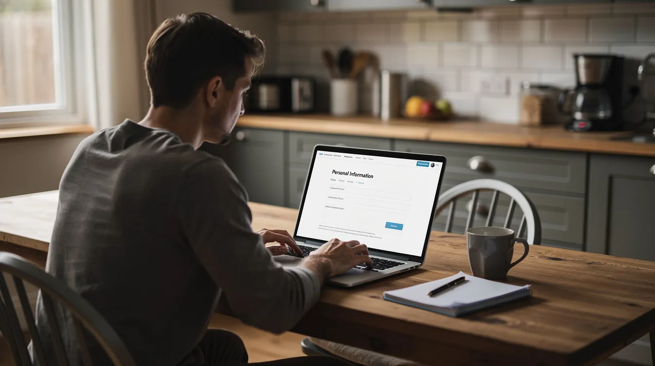 A person is seated at a kitchen table, focused on their laptop computer while filling out an online form related to selling a private number plate. The scene conveys a sense of concentration and the process of completing necessary paperwork for a potential sale.