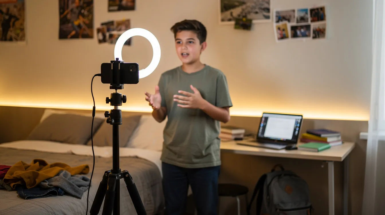 A teenager is filming a video with a smartphone mounted on a tripod in their bedroom, showcasing their content creation skills. This scene highlights the importance of valuable skills for young people looking to start earning money online through platforms like YouTube or social media.