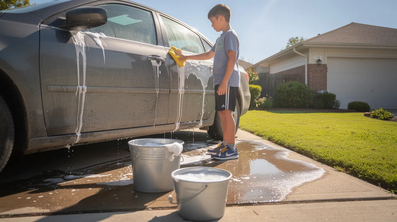A teenager is washing a car on a sunny driveway, using a bucket and sponge to clean the vehicle. This activity not only helps them gain valuable experience in car cleaning locally but can also be a great way for teens to earn extra cash during school holidays.