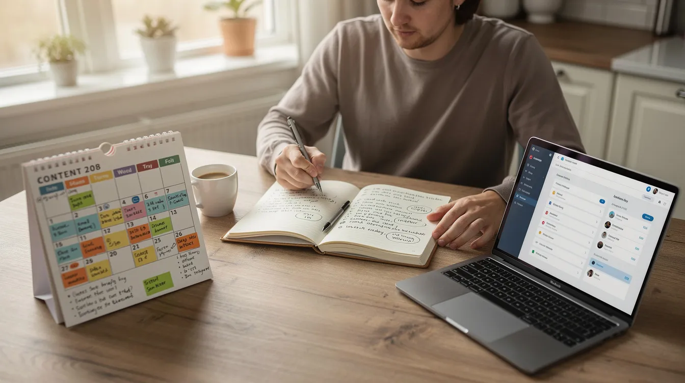 A person is sitting at a kitchen table with a notebook and laptop, actively planning content while a calendar is visible, indicating a focus on creating quality pins for their Pinterest business account. This setup suggests a strategic approach to drive traffic and engage with potential customers through well-organized boards and content ideas.