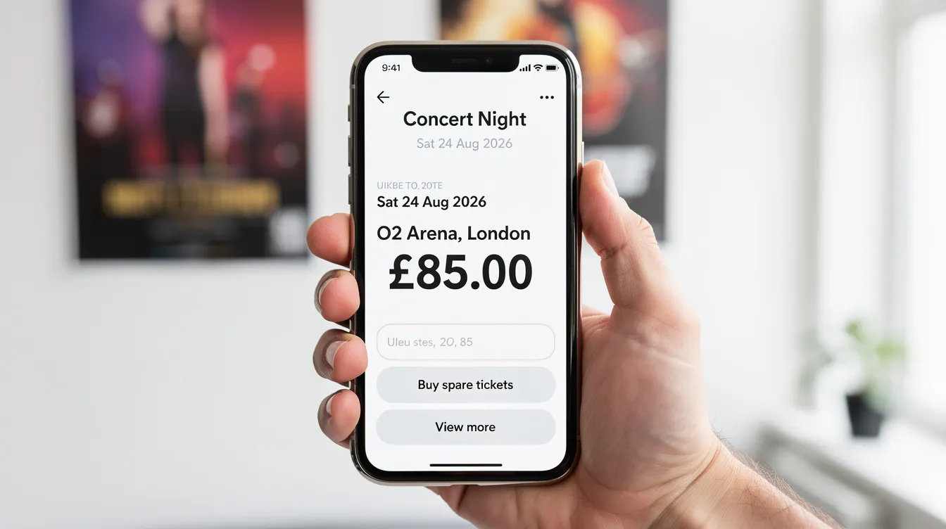 A person is holding a smartphone displaying digital concert tickets in a brightly lit room, ready to share the best experience with fans at an upcoming event. The tickets feature essential details like the date, location, and price, making it easy for buyers to find and purchase spare tickets at face value.