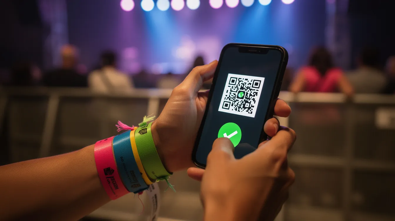 A close-up image shows hands scanning a QR code ticket at a concert venue entrance, with colorful wristbands visible, indicating the excitement of fans ready to enter the event. This scene captures the ease of buying concert tickets and the vibrant atmosphere that enhances the overall experience.