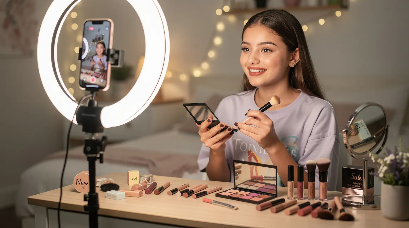 A teenager is actively selling new makeup online, using a ring light to enhance their appearance while streaming on their phone. The scene captures the essence of live shopping on TikTok, showcasing the excitement of engaging with viewers and potential customers through shoppable videos.