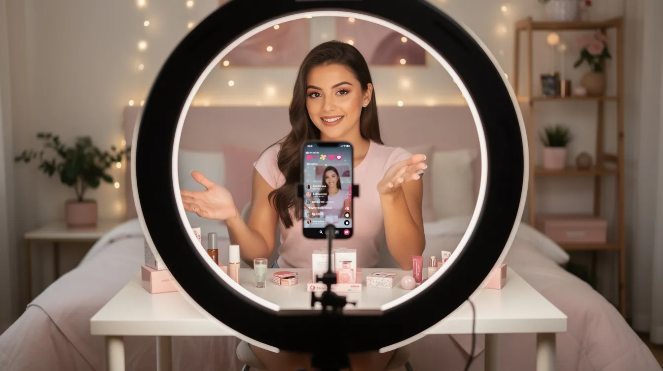 A girl is engaging with her audience while selling products on TikTok, illuminated by a bright ring light. She appears enthusiastic, showcasing her brand and creating content that highlights the benefits of her offerings, aimed at boosting sales through the TikTok shop platform.