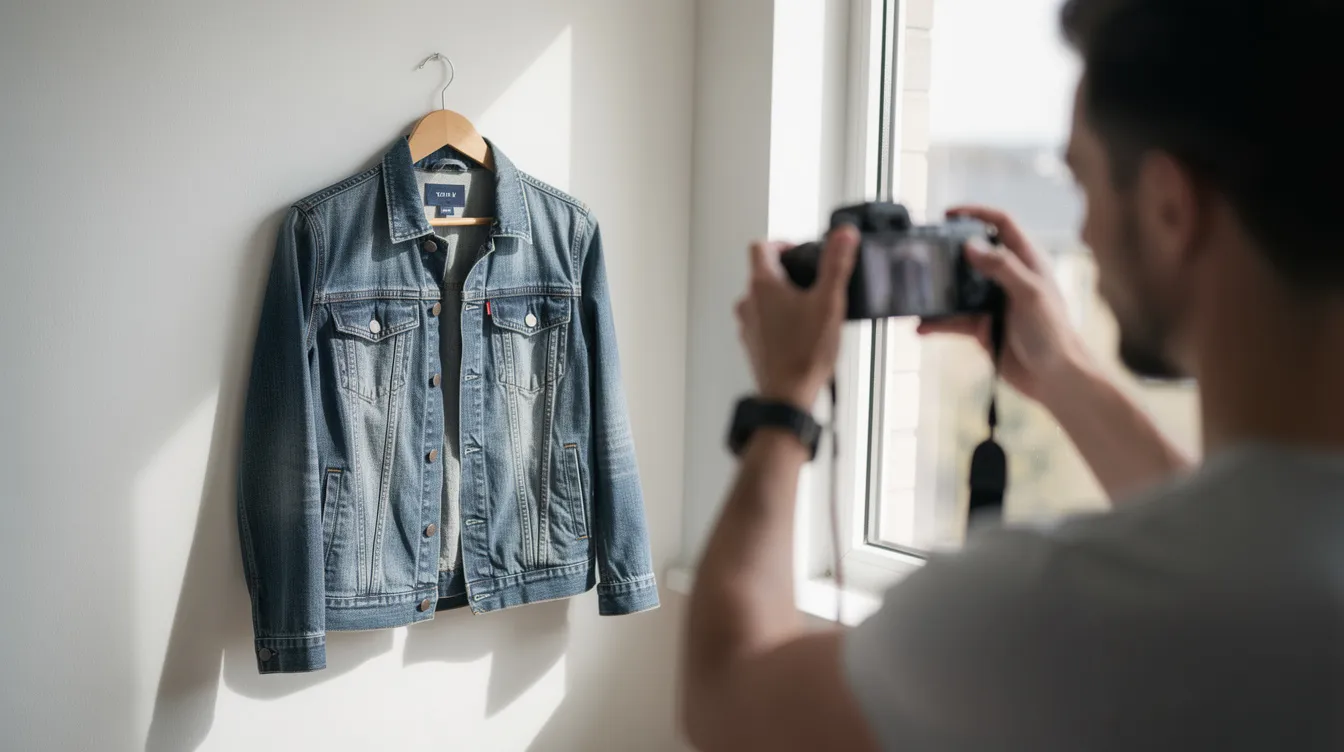 A person is photographing a denim jacket hanging on a hanger, illuminated by bright natural light streaming through a window. This image captures a crucial step in selling clothes online, showcasing the quality and details of the garment to attract potential buyers.