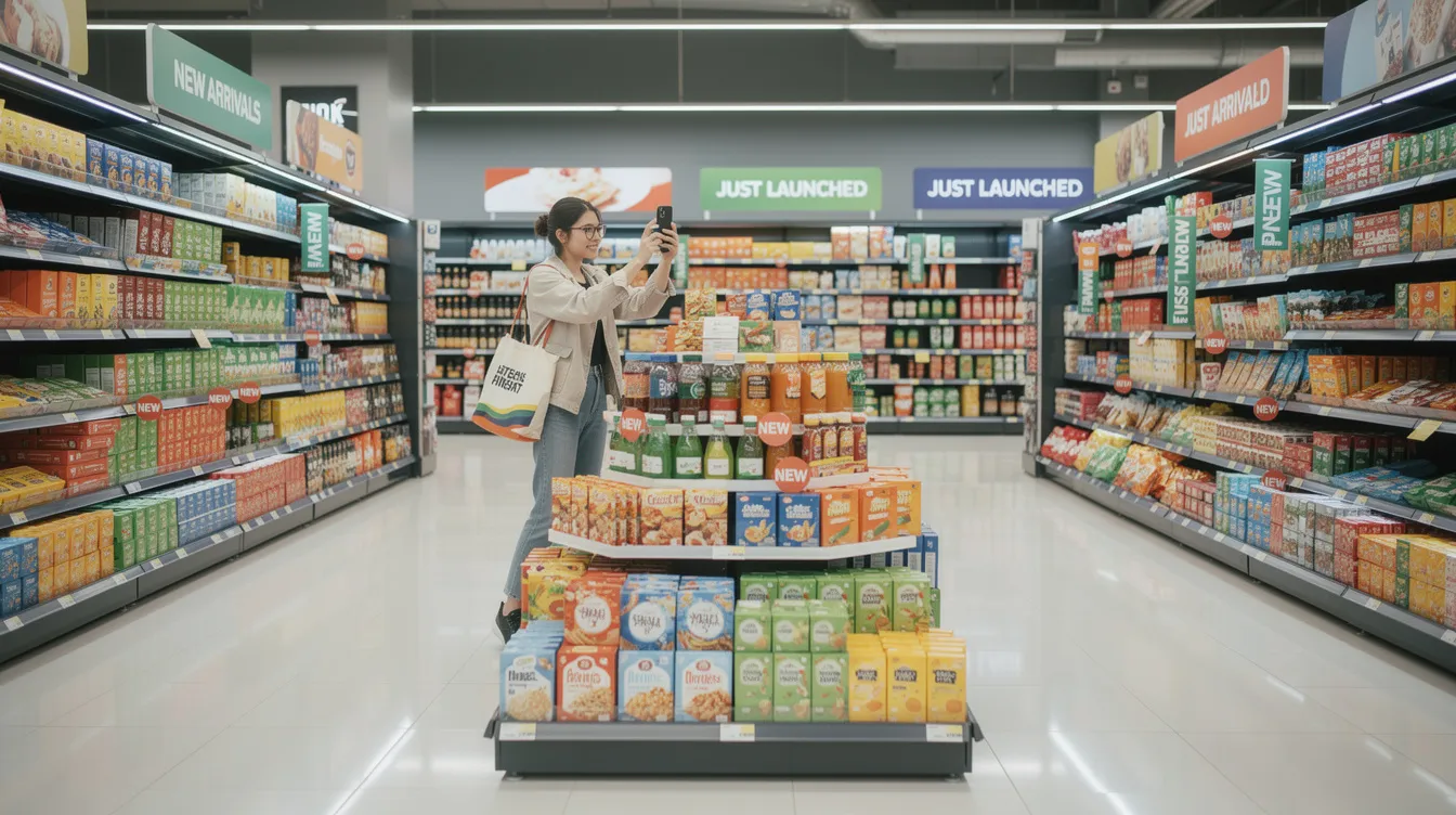 The image shows a person taking a photo of a new product in a supermarket, capturing the vibrant packaging and displays. This scene highlights the importance of creating engaging content for platforms like Facebook to attract an audience and potentially monetize through various strategies.