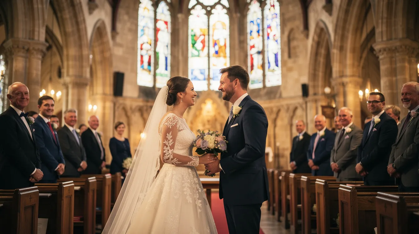 A couple stands together in a charming UK church, dressed in vintage wedding attire, surrounded by floral decorations and soft lighting, capturing the essence of their special day. The scene reflects love and celebration, reminiscent of the beautiful experiences offered by Oxfam's bridal selection.