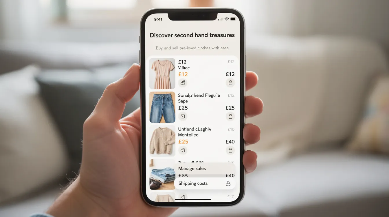 The image displays a smartphone screen showcasing a selling app, where fellow members can browse a list of pre-loved clothes with prices, promoting second hand discoveries. This platform simplifies transactions for buyers and sellers, ensuring buyer protection and easy management of shipping costs.