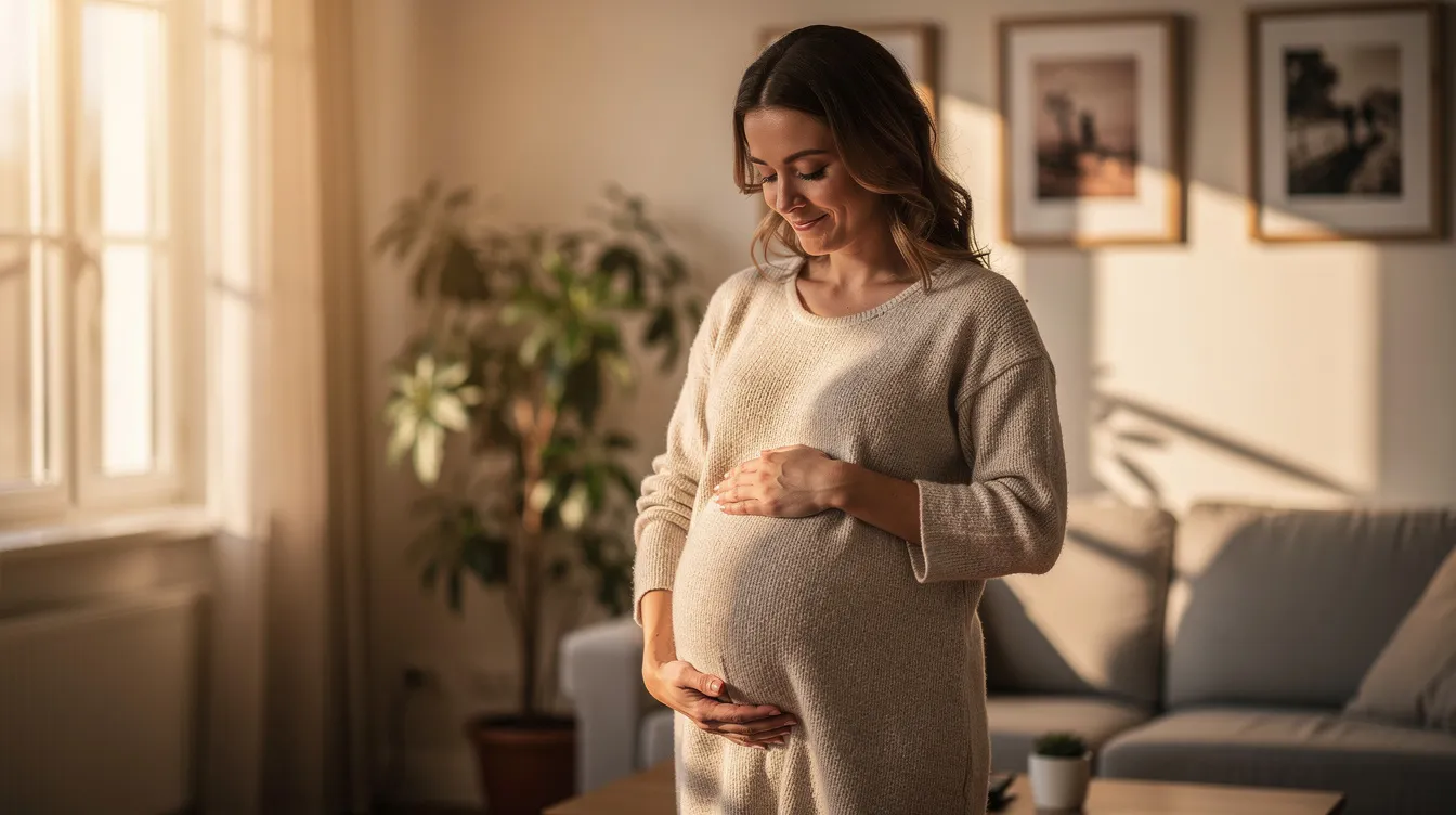 The image shows a pregnant woman relaxing at home, surrounded by various baby freebies and items she has collected for her upcoming arrival. She appears content and hopeful, possibly reading posts from Emma's Diary or looking through coupons for baby supplies.